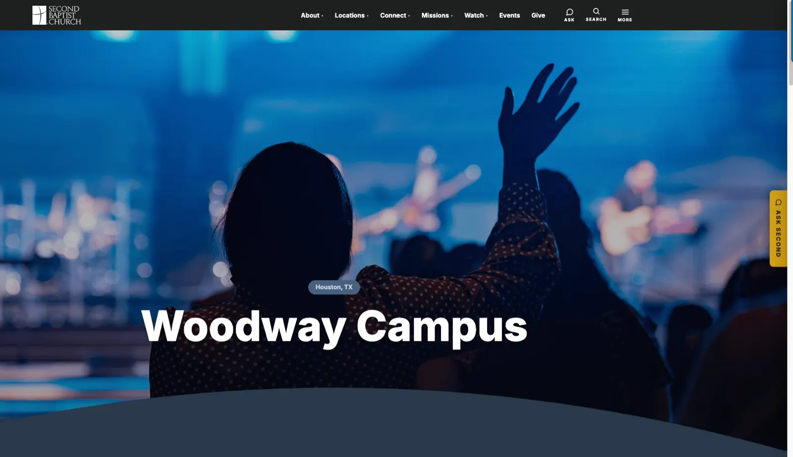 Second Baptist Church homepage with the 'Ask Second' launcher tab visible on the right edge of the browser window
