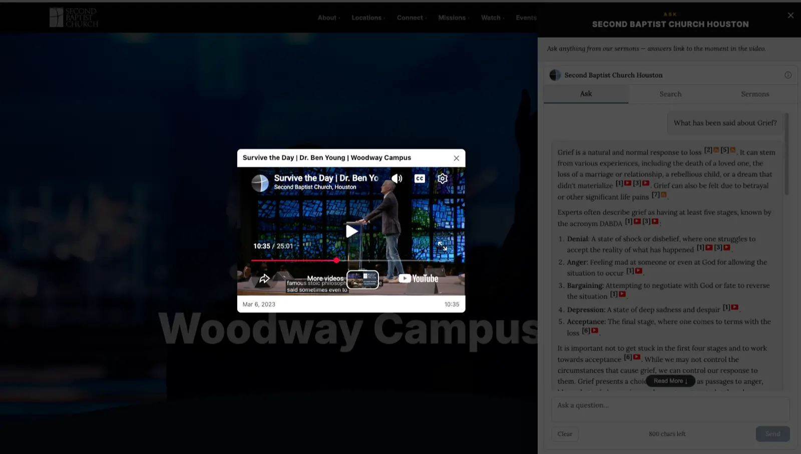YouTube player embedded in the widget showing Dr. Ben Young at 10:35 of 'Survive the Day' — the moment being cited